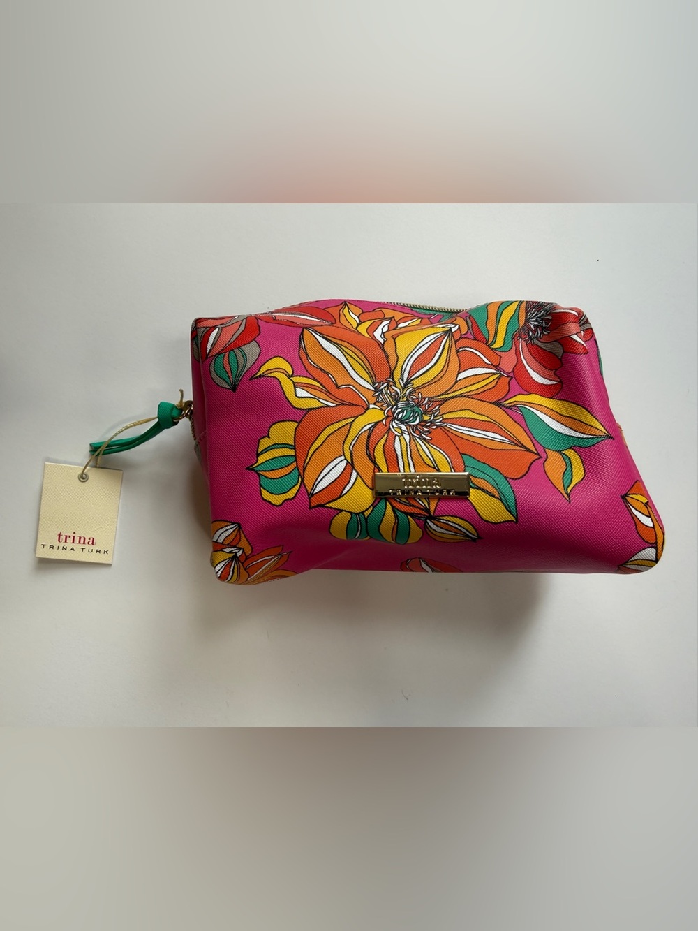 NWT Trina Turk Women’s Pink Floral Zip Cosmetic Pouch Orange & Green Accents